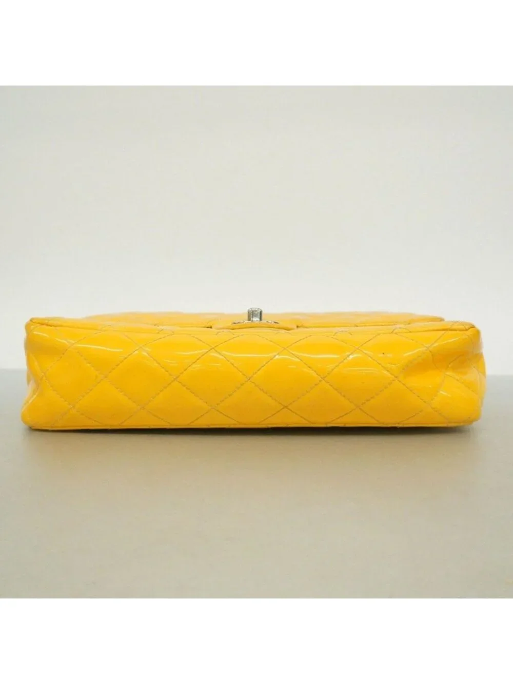Chanel Shoulder Bag Quilted Patent Leather Yellow Silver